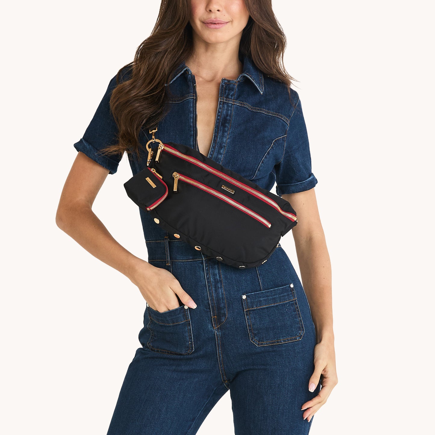 Charles-Crossbody-Lrg-Black-Nylon-G-Red-Zip-Model-View