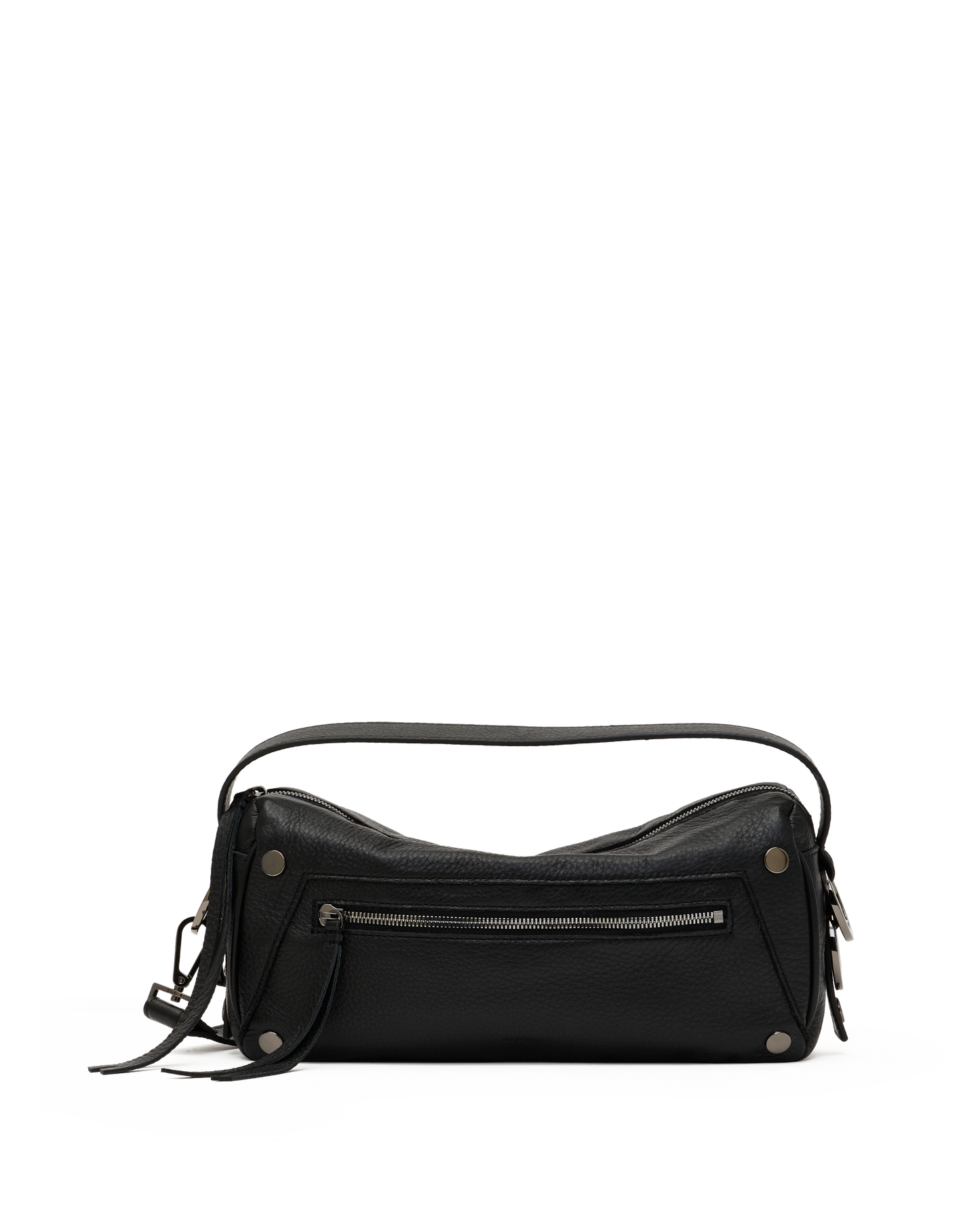 A black leather shoulder bag with a curved top, a front zippered pocket, and a thin strap, photographed on a plain white background.