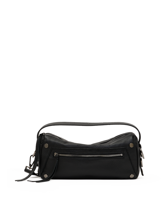 A black leather shoulder bag with a curved top, a front zippered pocket, and a thin strap, photographed on a plain white background.