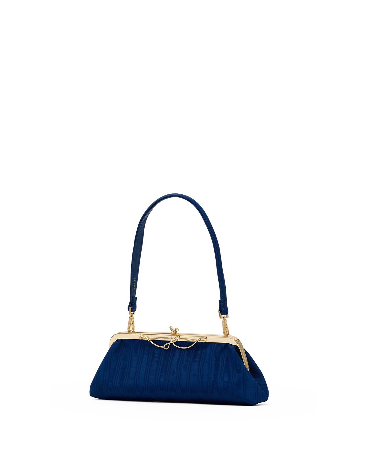 A navy blue textured clutch handbag with a gold-tone kiss-lock frame and a matching navy blue shoulder strap, shown against a plain white background.