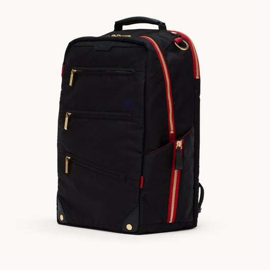 Eden-Backpack-Black-Nylon-G-Red-Zip-Front-View