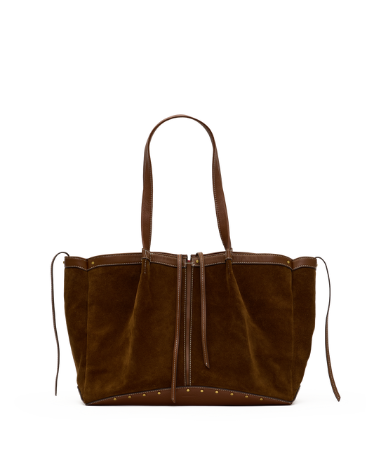 A brown suede tote bag with matching brown leather handles, trim, and drawstring details.