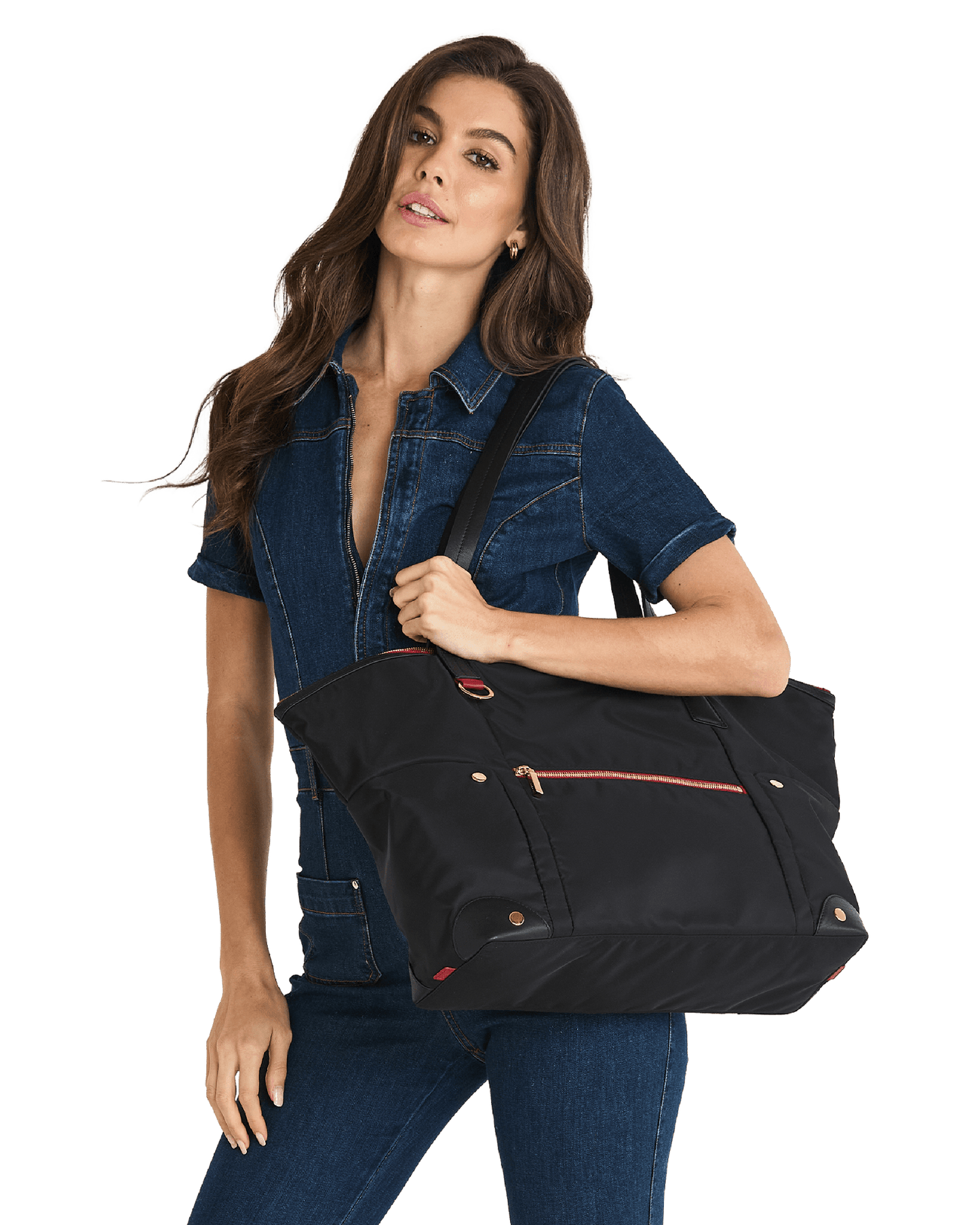 Zoe-Tote-Black-Nylon-G-Red-Zip-Model-View-2