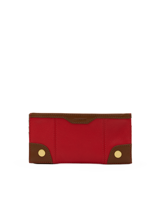 A red leather wallet with brown leather trim and gold-tone metal snap buttons, shown against a plain white background.