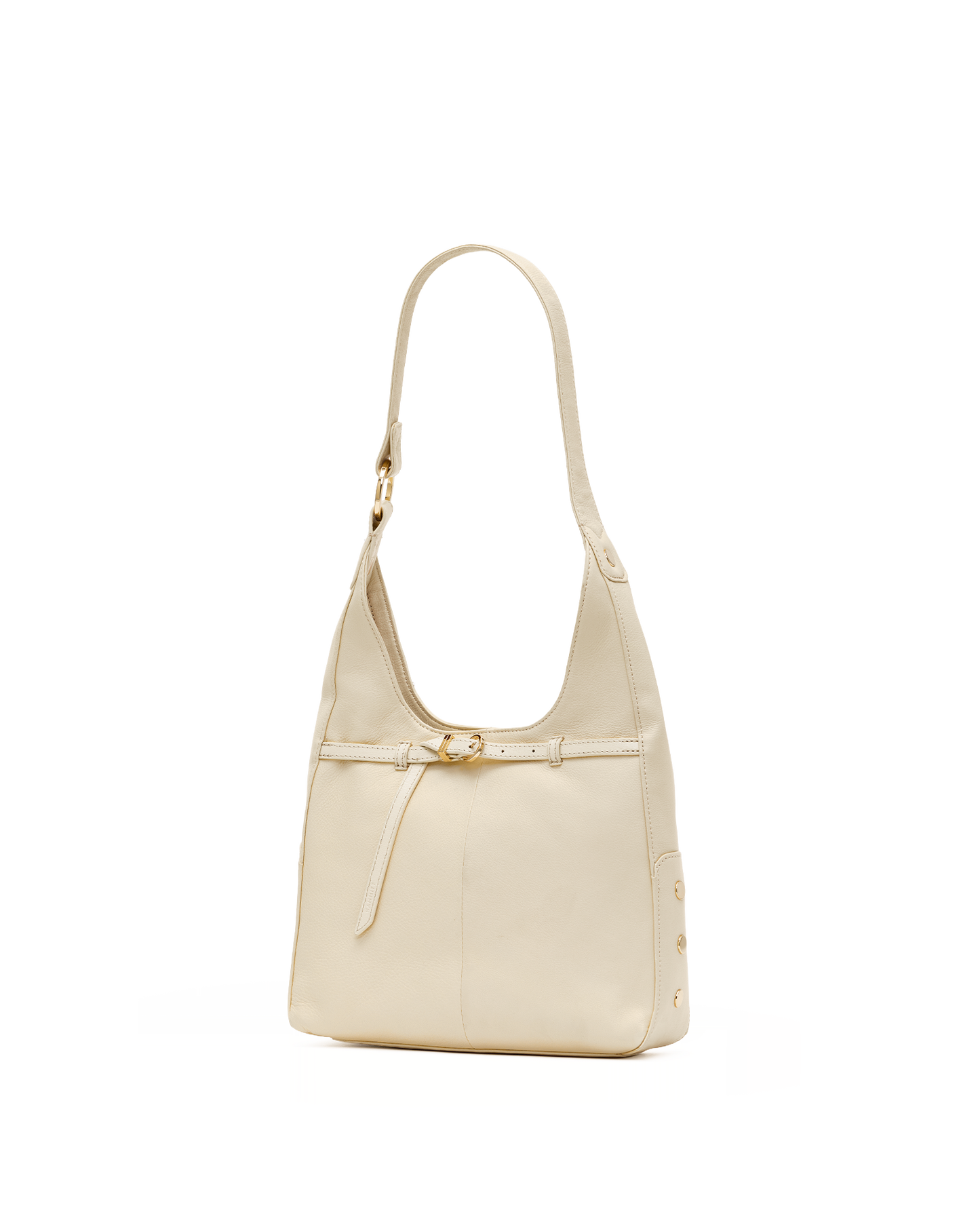 A light beige leather shoulder bag with a single strap, a front strap detail, and gold-tone hardware, shown against a plain white background.