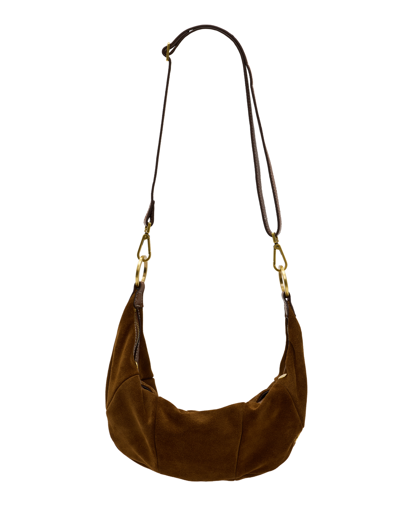 A brown suede crescent-shaped shoulder bag with a matching brown leather strap and gold-tone hardware, shown against a plain white background.