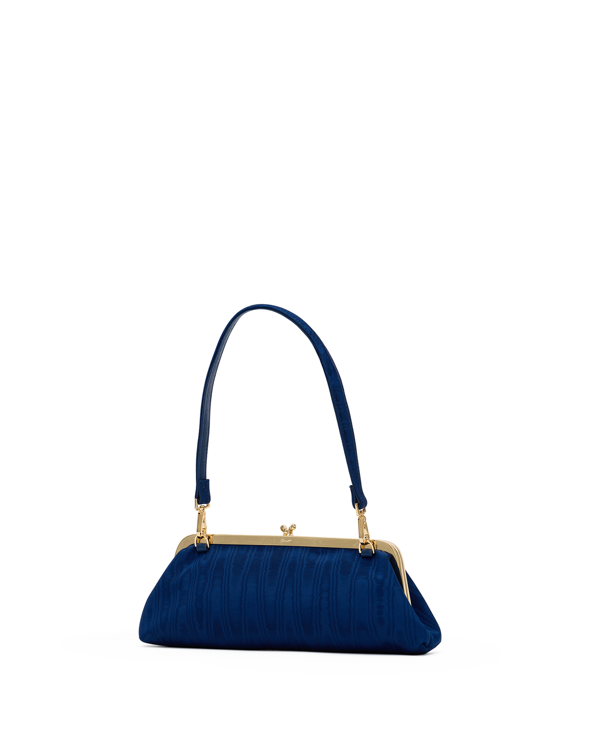 A structured navy blue evening handbag with a textured fabric body, a single shoulder strap, and a gold-tone kiss-lock frame closure, shown against a plain white background.