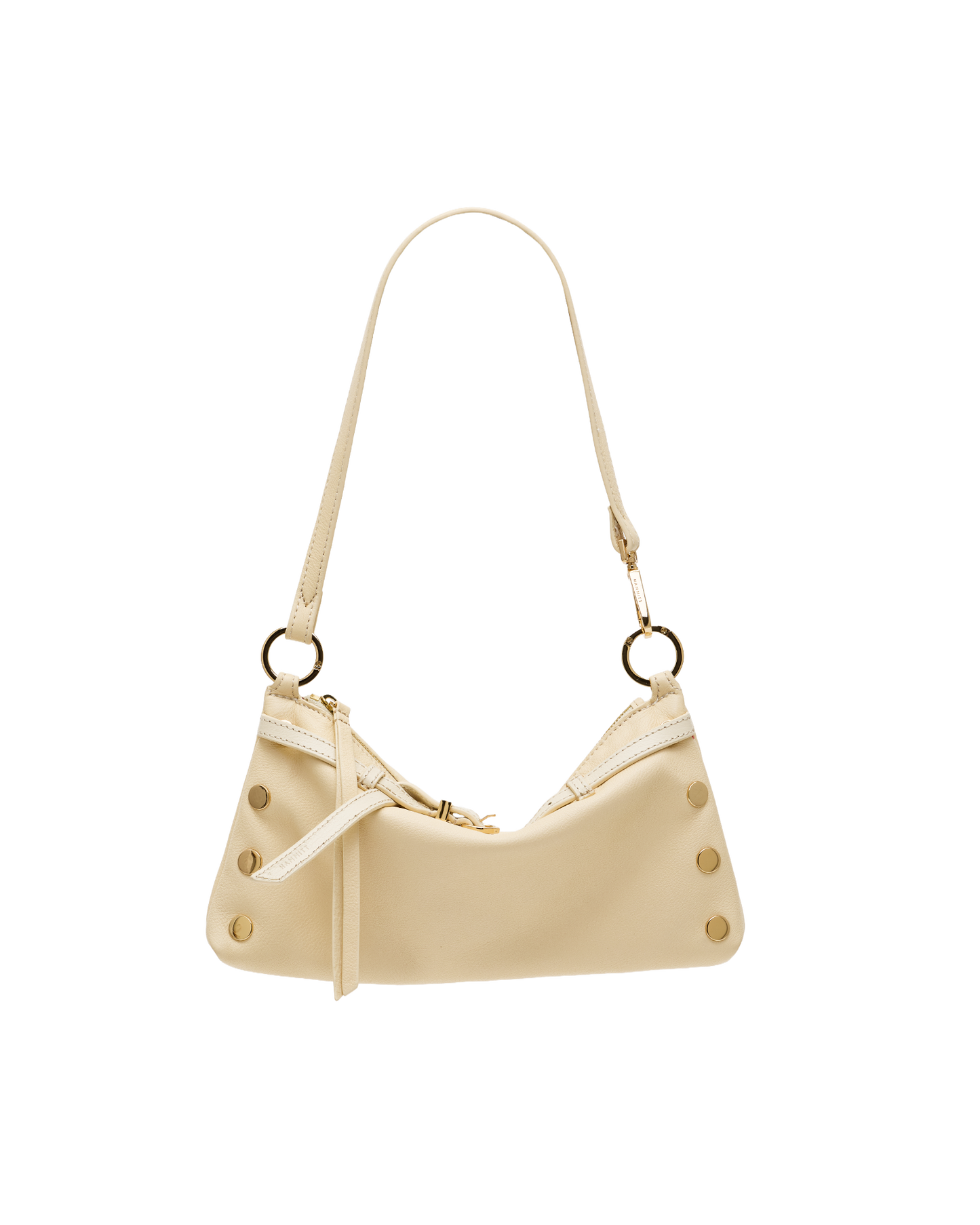 A cream-colored slouchy shoulder bag with gold-tone hardware, featuring a long strap, a front zip closure, and decorative studs on a plain white background.