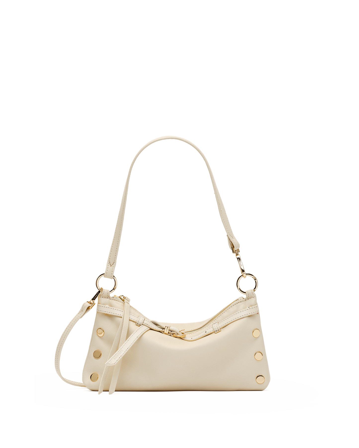 A cream-colored faux leather shoulder bag with gold-tone hardware, featuring a crescent-shaped body, decorative rivets, and a matching shoulder strap, shown against a plain white background.