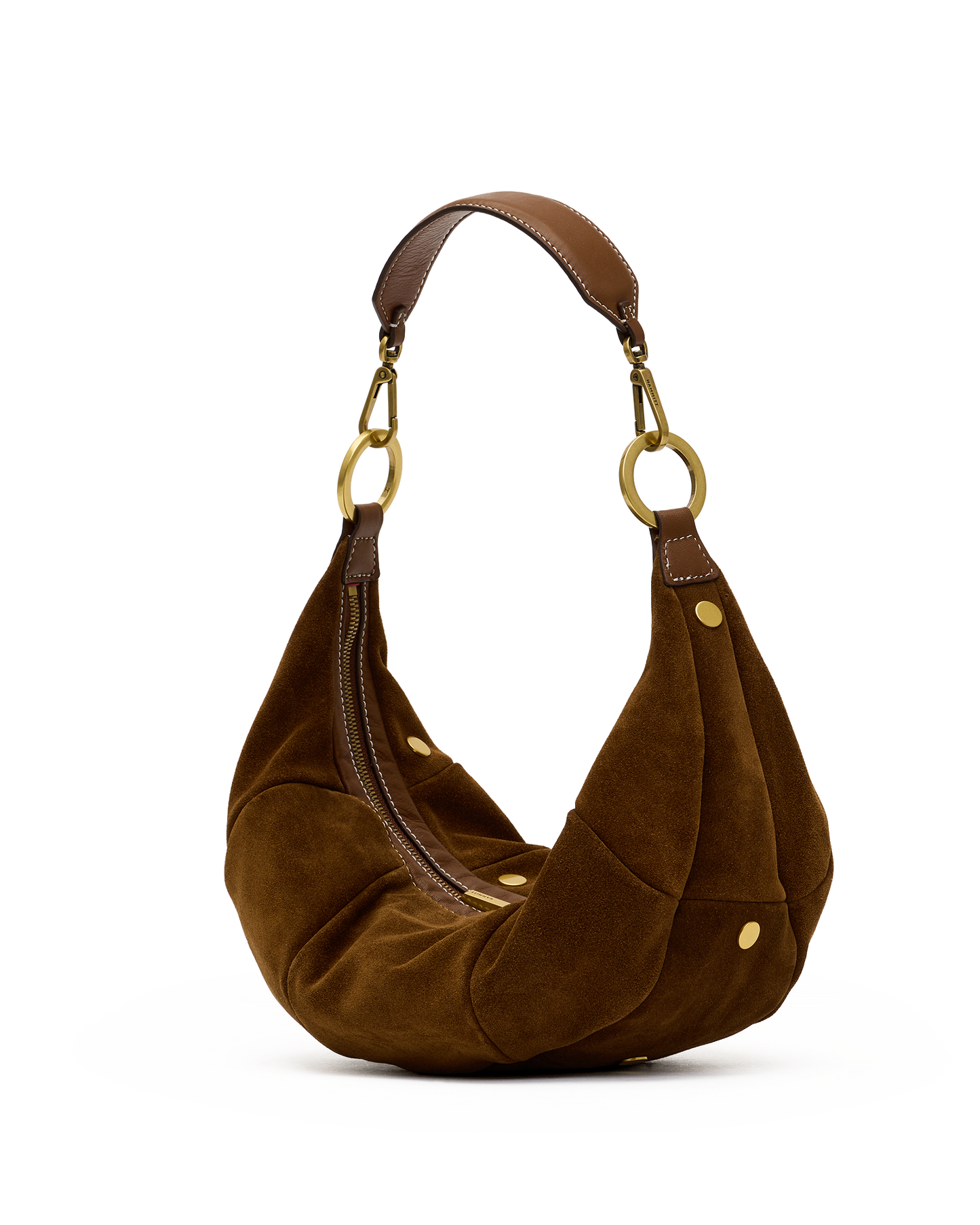 A brown suede crescent-shaped shoulder bag with gold-tone hardware, featuring a matching brown leather strap and gold snap details, set against a plain white background.