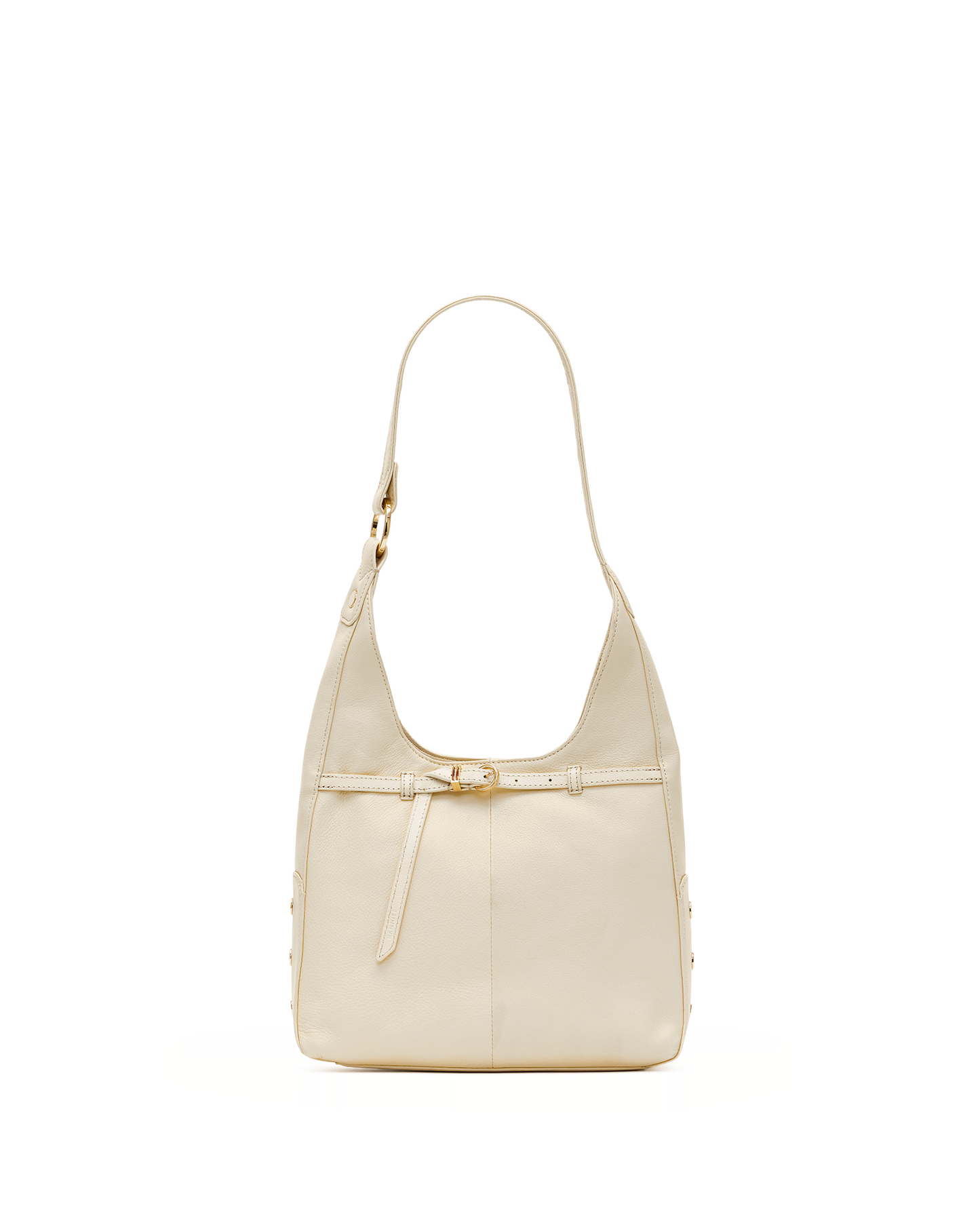 A light beige leather shoulder bag with a single strap and a decorative front strap detail, shown against a plain white background.