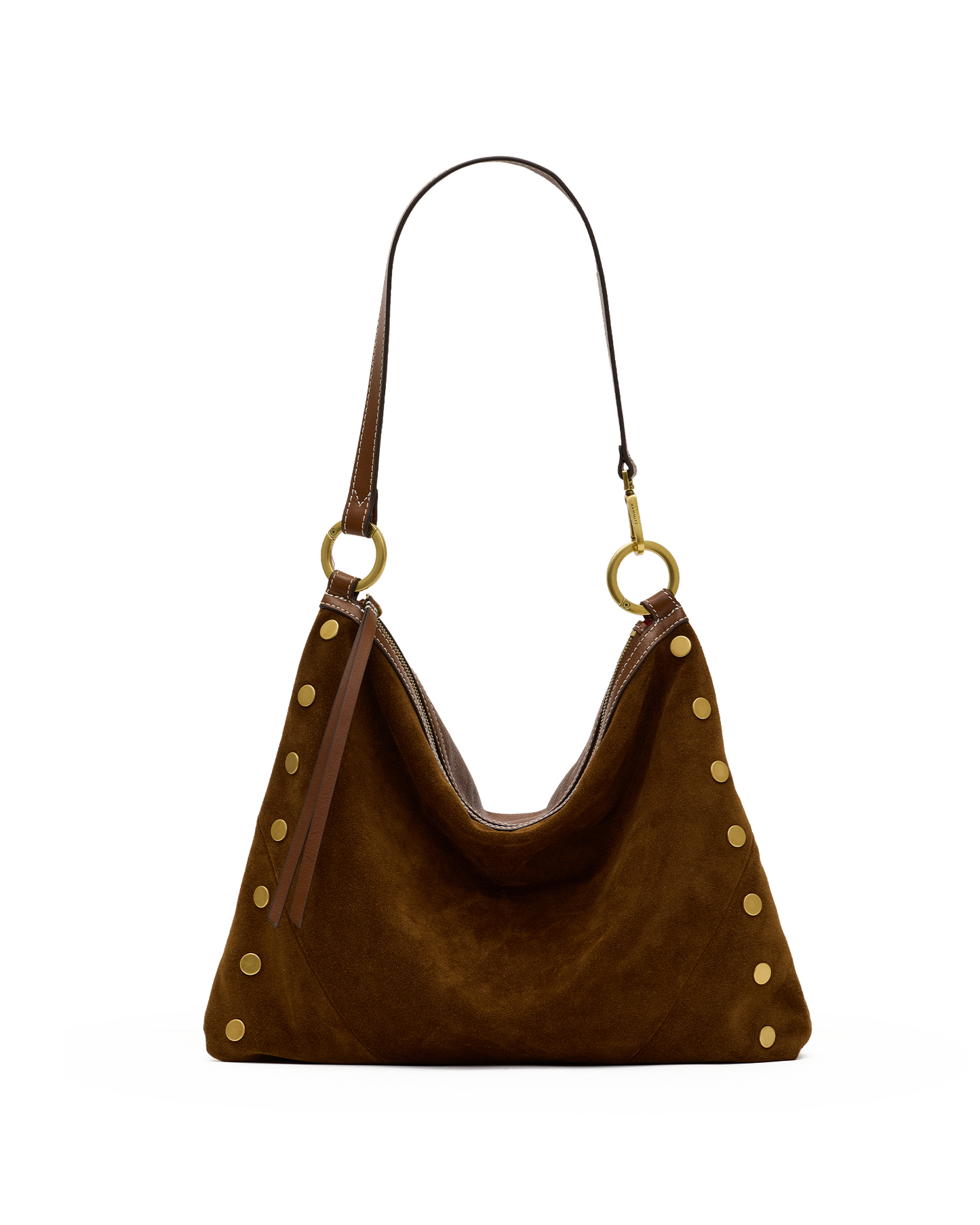 A brown suede slouchy shoulder bag with gold-tone metal studs and a matching brown leather strap, shown against a plain white background.