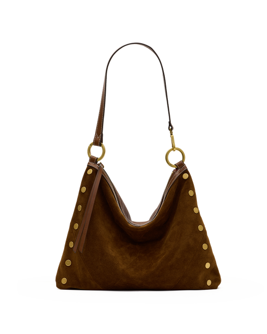 A brown suede slouchy shoulder bag with gold-tone metal studs and a matching brown leather strap, shown against a plain white background.