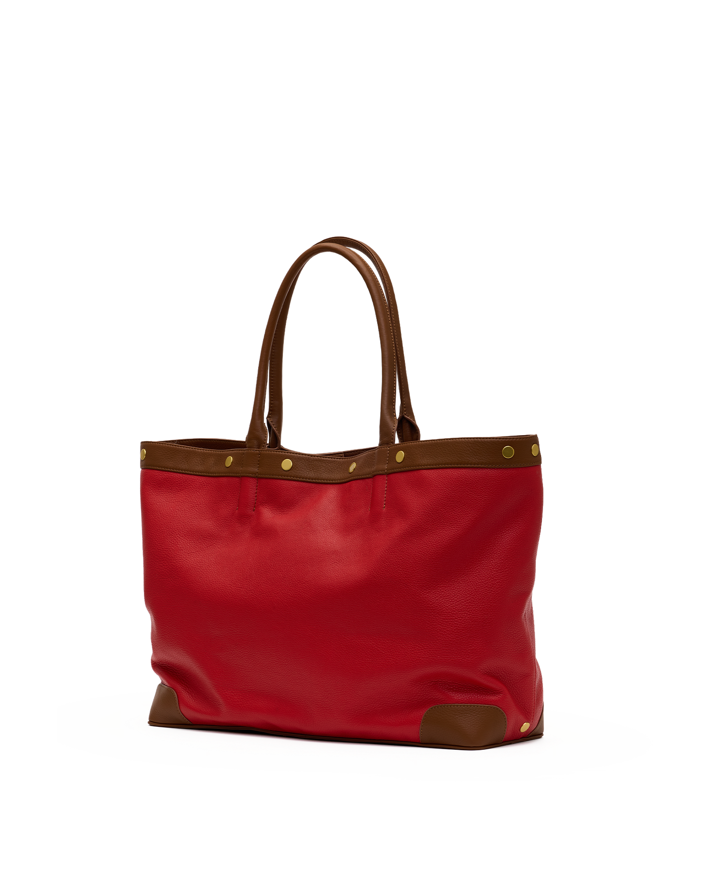A red tote bag with brown leather handles and trim, accented by gold-tone metal studs, shown against a plain white background.