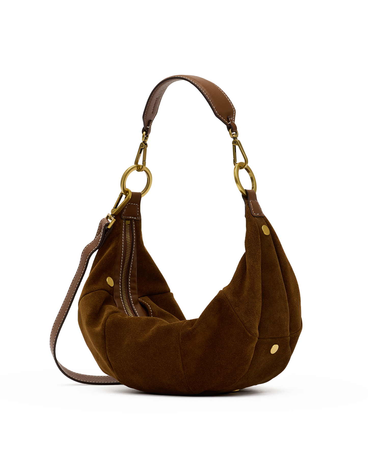A brown suede crescent-shaped shoulder bag with gold-tone hardware and a matching brown leather strap, shown on a plain white background.