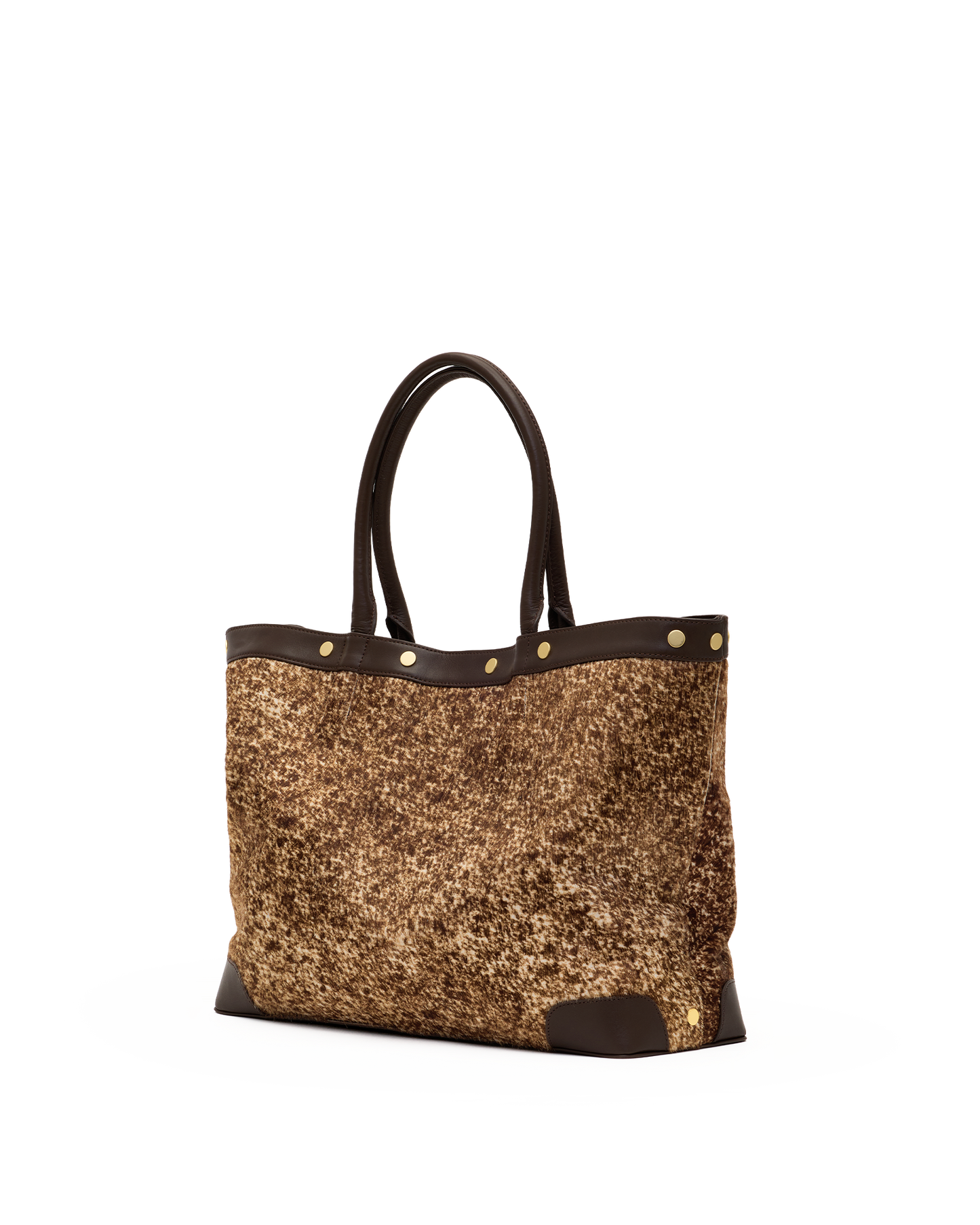 A structured tote bag with a textured, glittery gold and brown body, dark brown leather handles and trim, and gold-tone metal studs, shown against a plain white background.