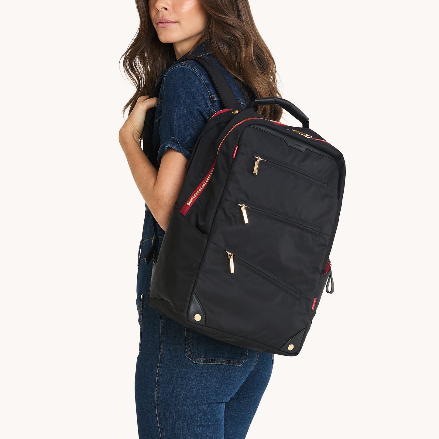 Eden-Backpack-Black-Nylon-G-Red-Zip-Model-View-3