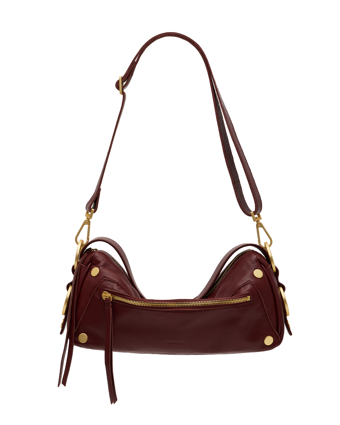 A dark burgundy leather shoulder bag with gold-tone hardware, featuring a curved silhouette, a front zip pocket, and a long shoulder strap, shown against a plain white background.