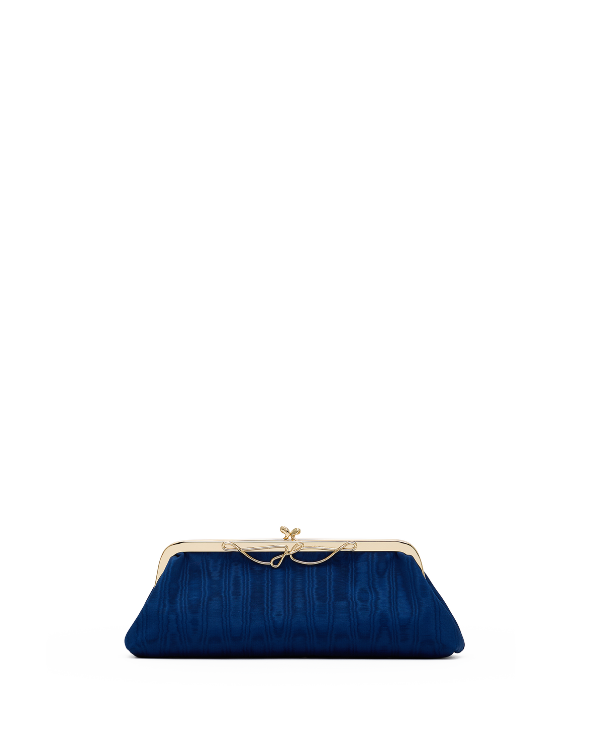 A dark blue textured clutch purse with a gold-tone metal frame and bow clasp, centered against a solid white background.