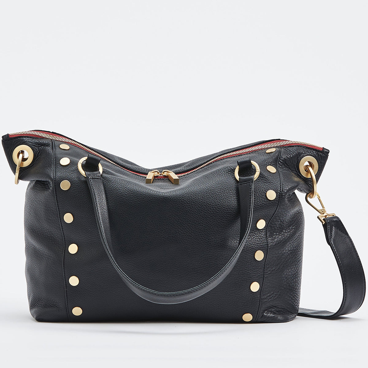 Black Leather-Look Gold Zip Tote Bag