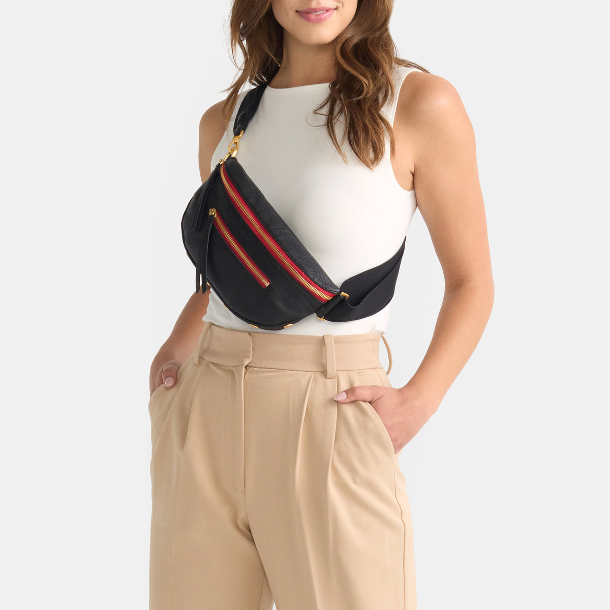 Charles Crossbody | Black/Brushed Gold Red Zip | Lrg 840220514303 