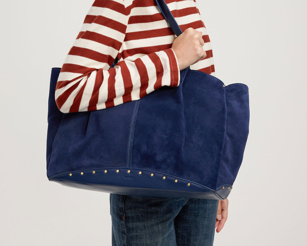 Meryl Carryall tote bag with blue suede called Manor Suede