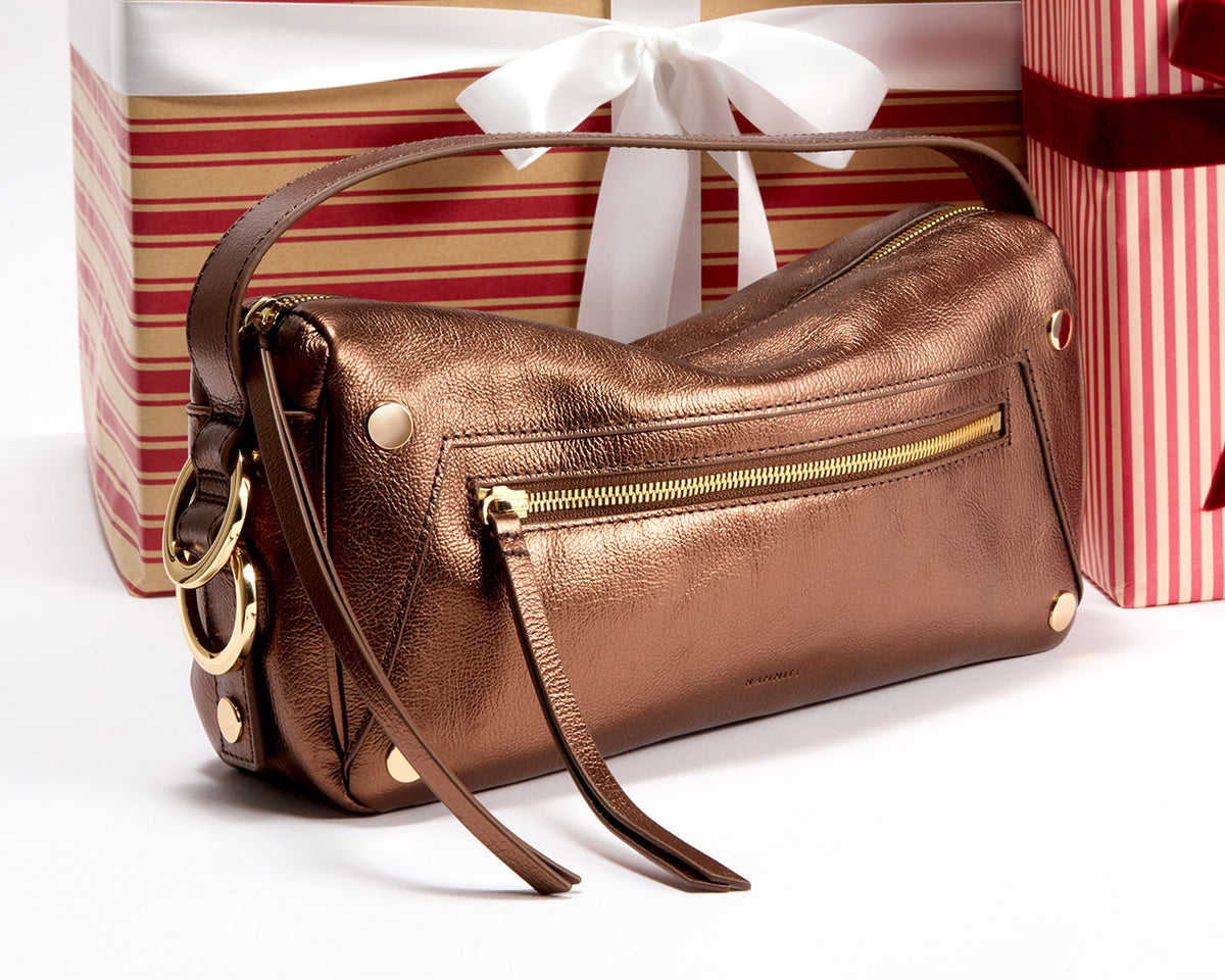 Doxie Bronze in front of gift boxes