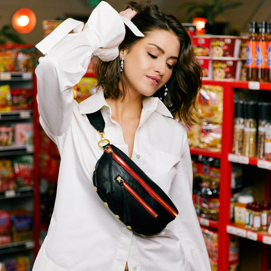 Charles Crossbody | Black/Brushed Gold Red Zip | Med