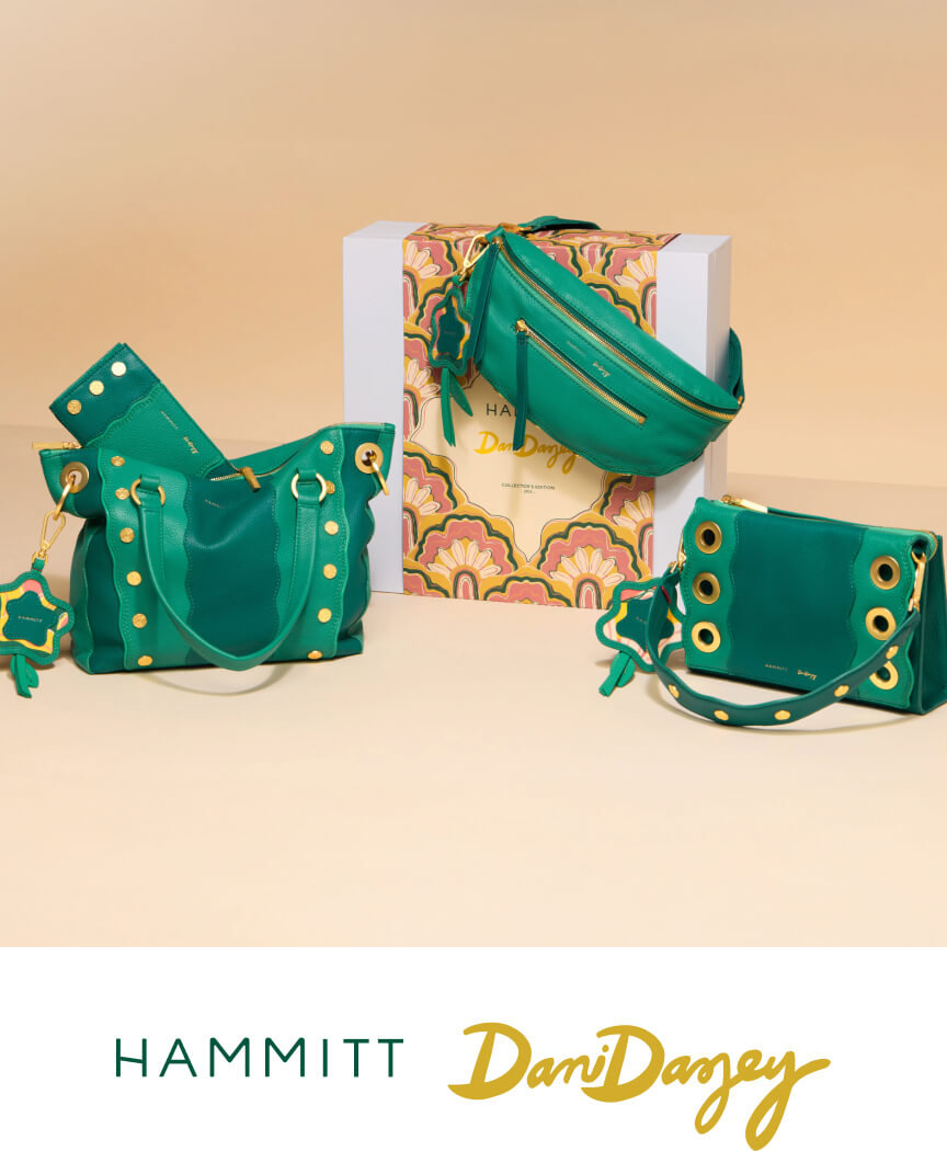 Text: Hammitt Dani Dazey. Image of four of the Dani Dazey collaboration bags and custom box. Bags shown are Daniel Med, Charles Crossbody Med, 110 North, Montana Sml in Wazy Dasey in brushed gold. 