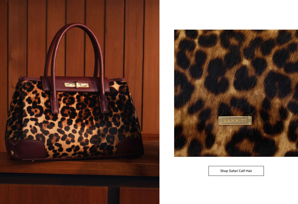 A leopard-print handbag with dark brown leather handles and trim, shown on a wooden surface against a wood-paneled background, alongside a close-up inset of the leopard pattern and a small gold-tone brand plaque reading JACOUMINT.