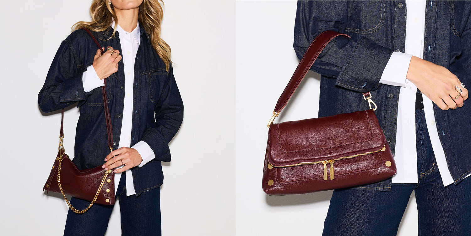 A burgundy leather shoulder bag with gold-tone hardware, shown worn by a model in a split-screen view against a plain white background.