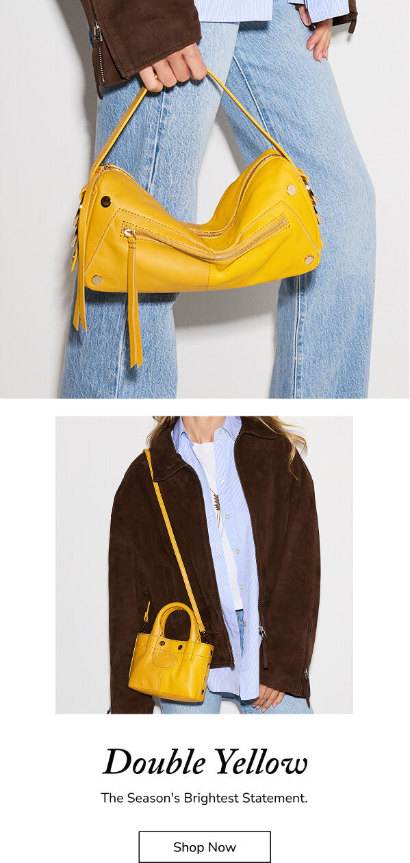 A model wearing a brown jacket and light blue jeans holds a bright yellow shoulder bag with tassel details. The bottom panel shows the same model wearing the bag crossbody, with text reading 'Double Yellow' and a 'Shop Now' button.