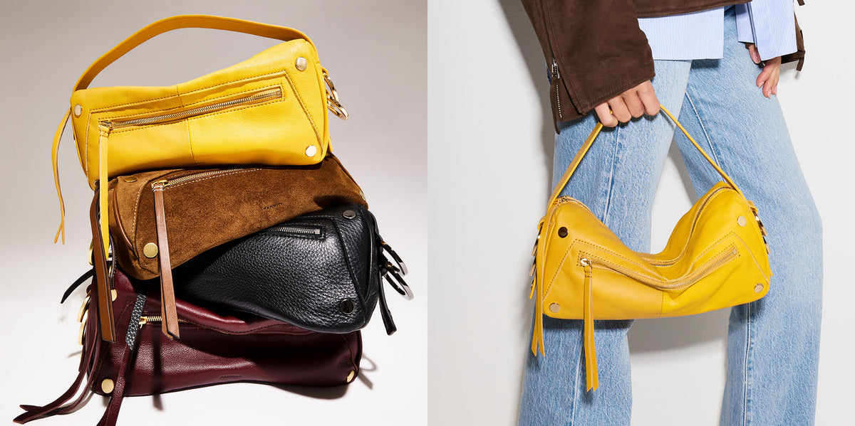 A split image showing a stack of three handbags on the left and a person holding a bright yellow version on the right. The bags include yellow, brown suede, black pebbled leather, and burgundy leather styles, with gold and black tone hardware and zippered compartments.