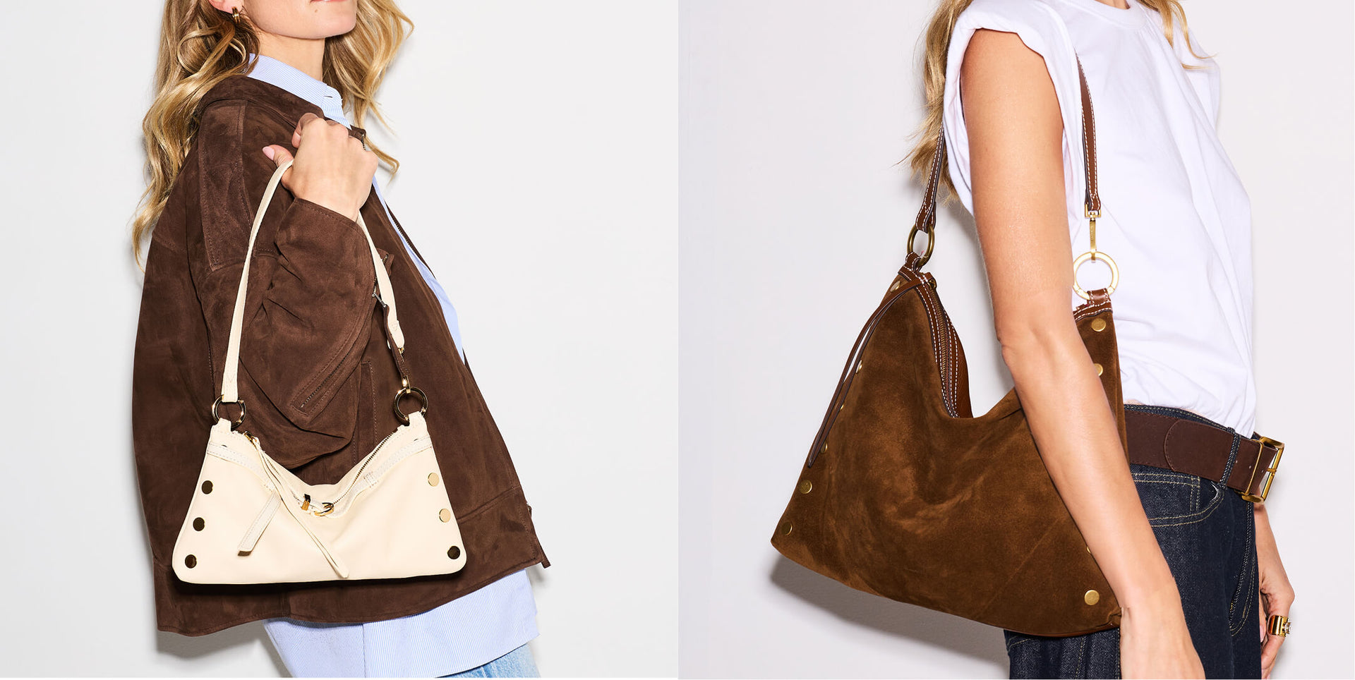 A model is shown from two angles wearing a brown suede hobo shoulder bag with a cream-colored studded flap and strap, styled with a brown jacket on the left and a white sleeveless top on the right.