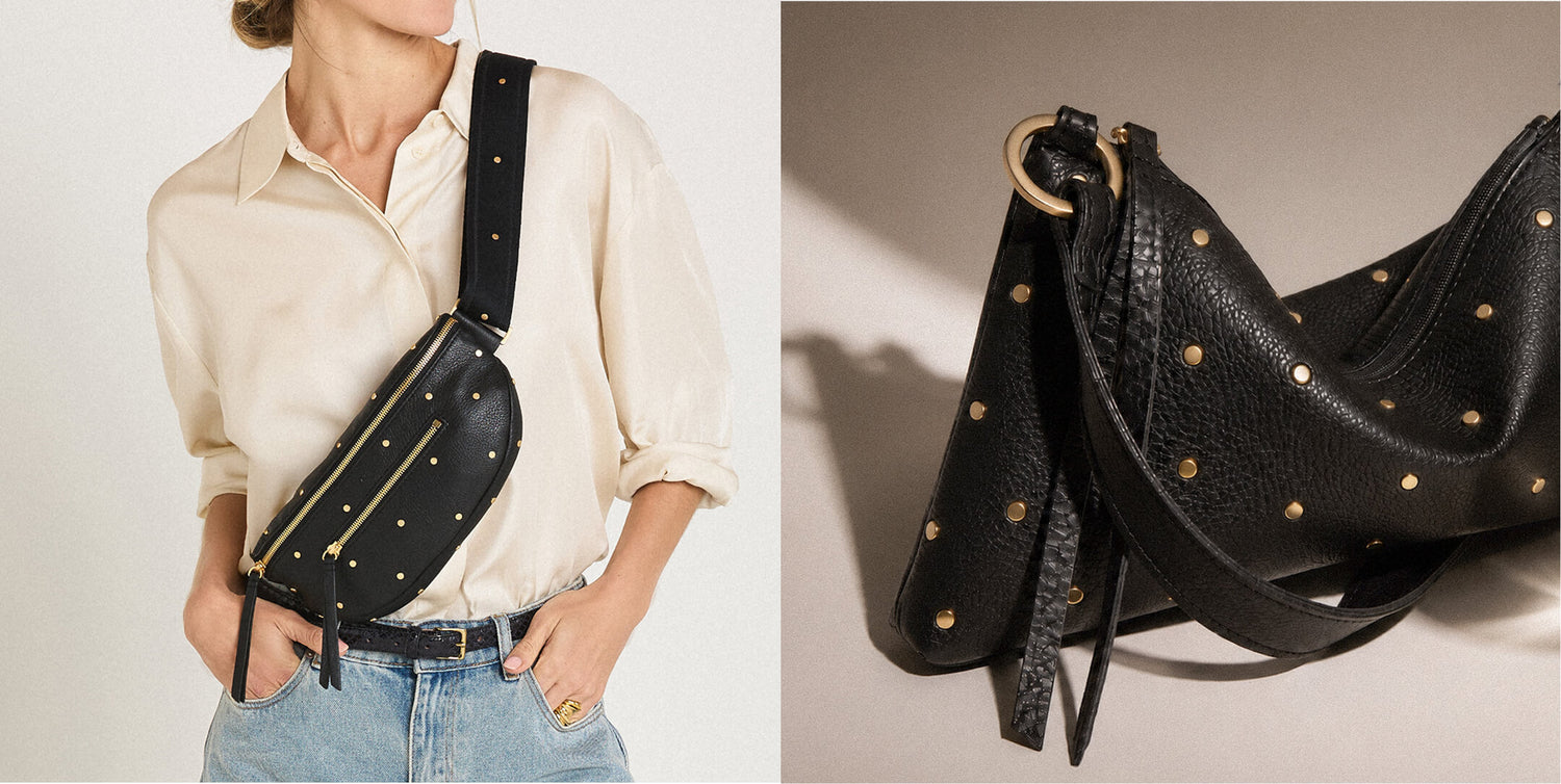The image is split into two panels: the left shows a black leather crossbody bag with gold studs and gold zippers, worn by a model in a cream shirt and blue jeans. The right shows a black pebbled leather shoulder bag with gold-tone studs, photographed on a warm beige studio background.