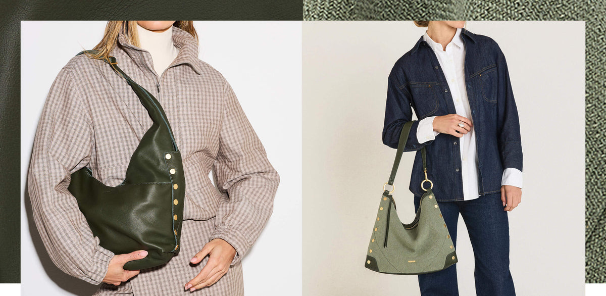 A split-screen collage showing two models wearing different hobo-style shoulder bag in different outfits. On the left, a model wears an olive green leather bag with gold-tone studs over a beige-and-white check shirt. On the right a model wears a light green leather bag with gold-tone studs and olive green details over a denim jacket and a white button up.