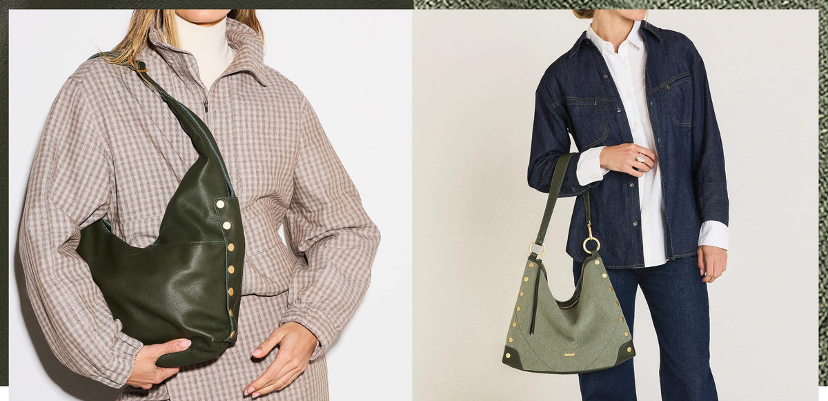 A split-screen collage showing two models wearing different hobo-style shoulder bag in different outfits. On the left, a model wears an olive green leather bag with gold-tone studs over a beige-and-white check shirt. On the right a model wears a light green leather bag with gold-tone studs and olive green details over a denim jacket and a white button up.