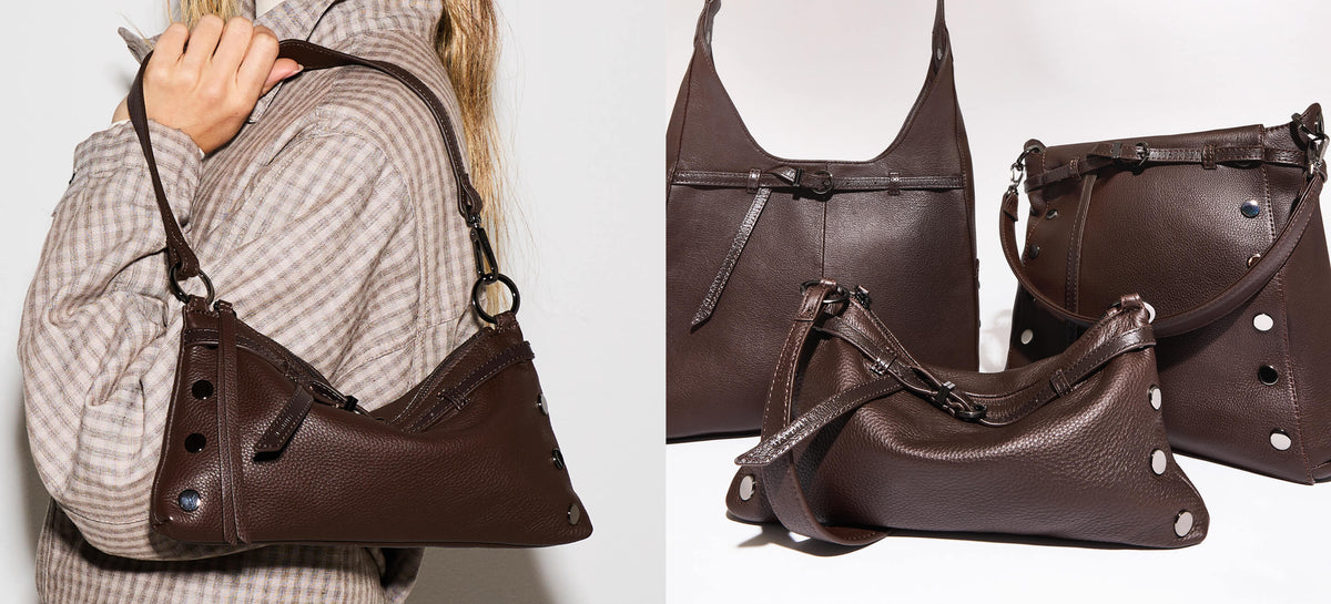 A dark brown pebbled leather shoulder bag shown in two views: one being worn by a person in a plaid shirt, and another set of three bag sizes displayed on a white background.