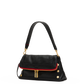 A black leather shoulder bag with a red leather trim accent and gold-tone hardware, including a front zipper, gold studs, and a gold logo plate on the flap.