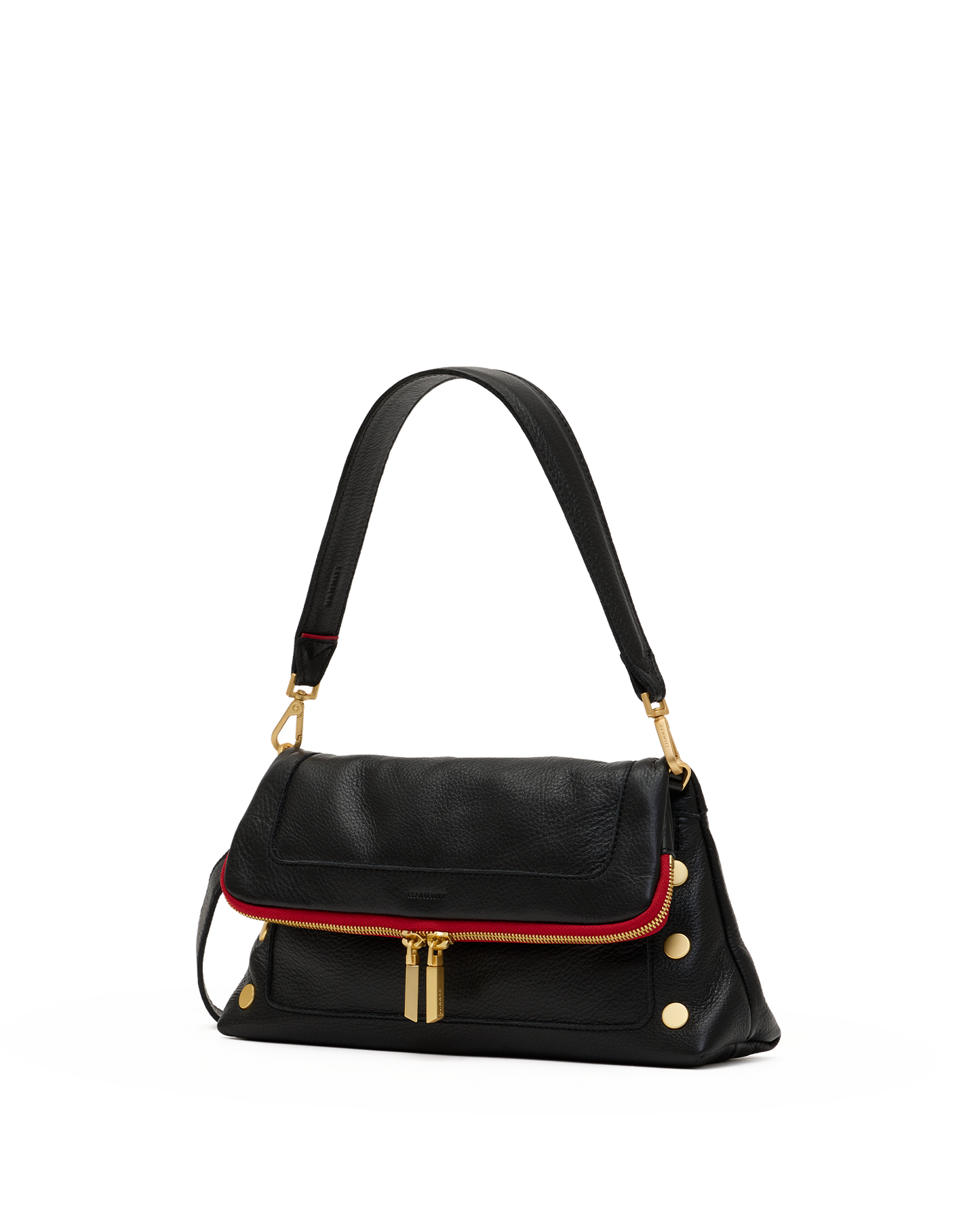 A black leather shoulder bag with a red leather trim accent and gold-tone hardware, including a front zipper, gold studs, and a gold logo plate on the flap.