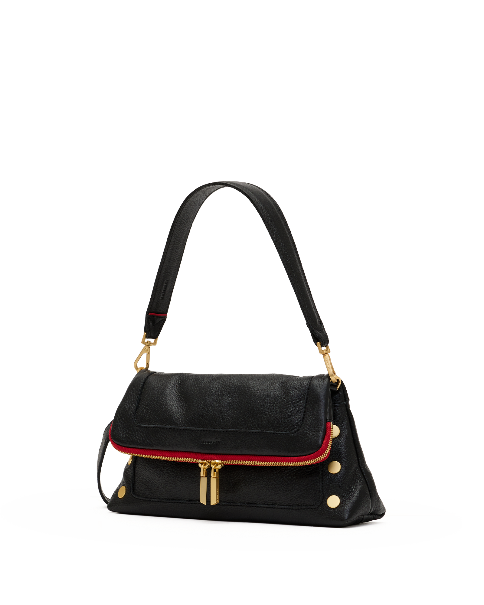 A black leather shoulder bag with a red leather trim accent and gold-tone hardware, including a front zipper, gold studs, and a gold logo plate on the flap.