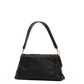 A black leather shoulder bag with gold-tone hardware and a small red leather tag, shown against a plain white background.