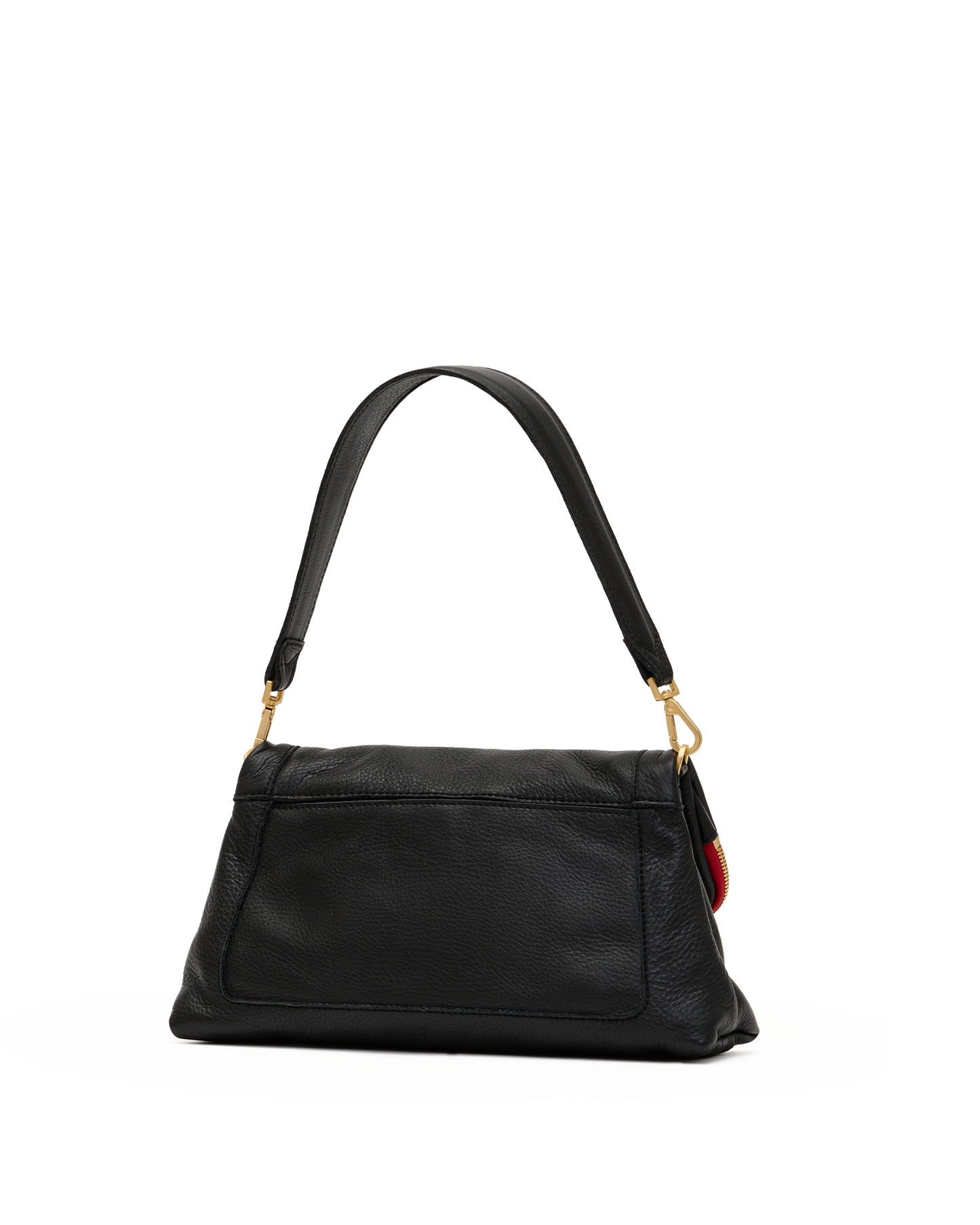 A black leather shoulder bag with gold-tone hardware and a small red leather tag, shown against a plain white background.