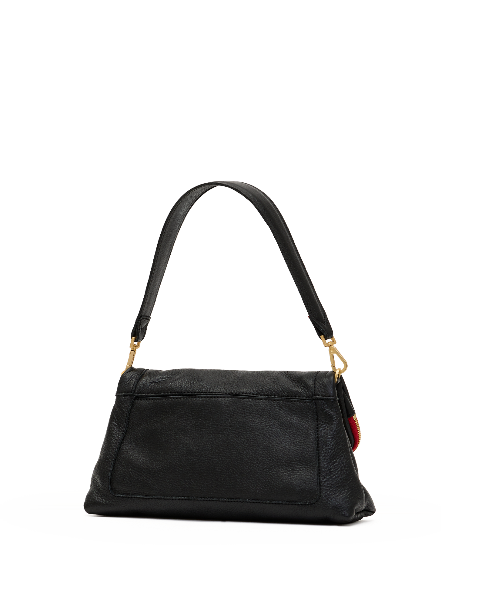 A black leather shoulder bag with gold-tone hardware and a small red leather tag, shown against a plain white background.