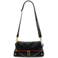 A black leather shoulder bag with a long strap, gold-tone hardware, and a thin red stripe detail across the front, shown against a plain white background.