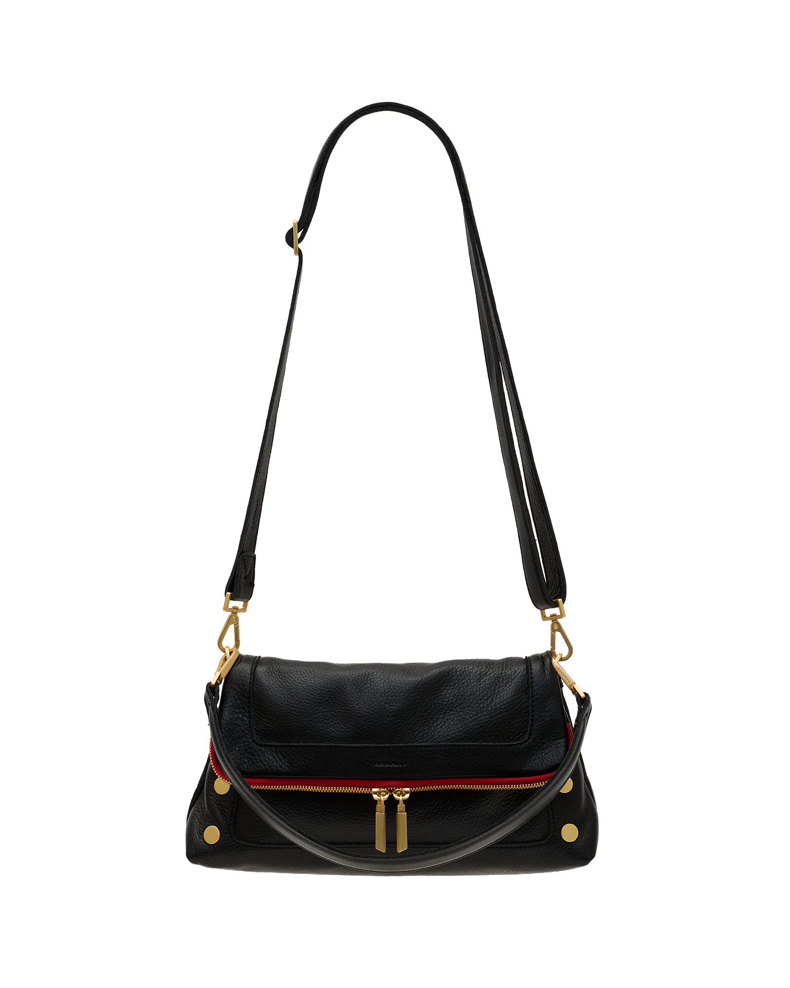 A black leather shoulder bag with a long strap, gold-tone hardware, and a thin red stripe detail across the front, shown against a plain white background.