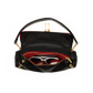 Black leather shoulder bag with gold-tone hardware, shown open to reveal a red interior lining and white-framed sunglasses inside, on a plain white background.