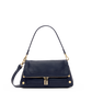 A navy blue leather shoulder bag with gold-tone hardware, featuring a front flap pocket, a top zip closure, and a detachable shoulder strap, shown against a plain white background.