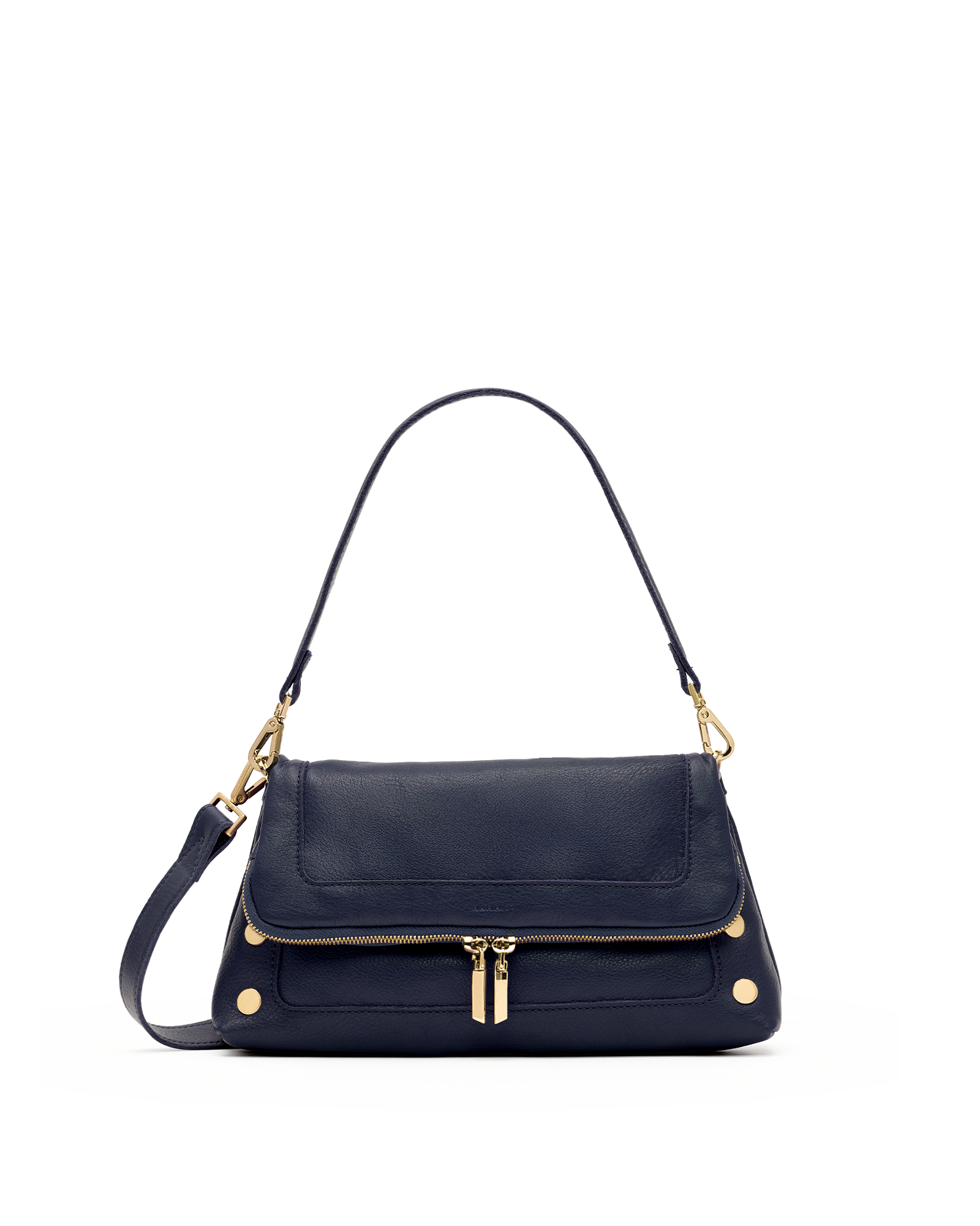 A navy blue leather shoulder bag with gold-tone hardware, featuring a front flap pocket, a top zip closure, and a detachable shoulder strap, shown against a plain white background.