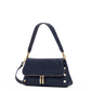 A navy blue leather shoulder bag with gold-tone hardware, featuring a flap front, a top handle, and a detachable shoulder strap, shown against a plain white background.